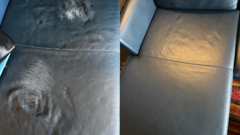 Before and after leather sofa repair and color restoration in Brooklyn, NY